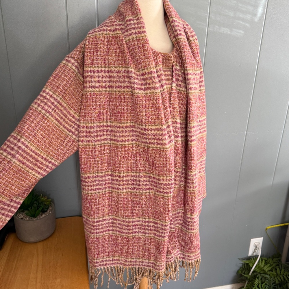 Democracy Womens Large Raspberry Multi Plaid Tubular Fringe Coat Attached Scarf - Picture 9 of 15